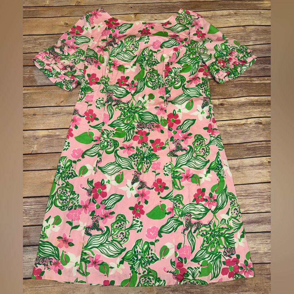 EUC Lilly Pulitzer RARE Jubilee Tiger Lily Shift sz 10 pink and green Ruffle